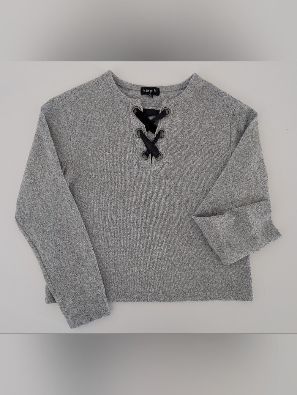 kidpik Girl's L 10-12 Gray Lace-Up Crewneck Pullover Top Long Sleeve Sweater - Picture 5 of 6